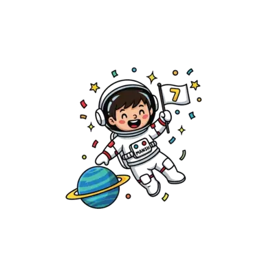 Design: A cheerful cartoon astronaut boy, named 'Mansh', wearing a space helmet, floa...