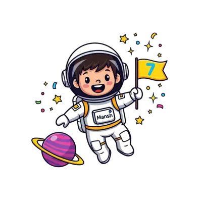 Design: A cheerful cartoon astronaut boy, named 'Mansh' clearly visible on his suit, ...