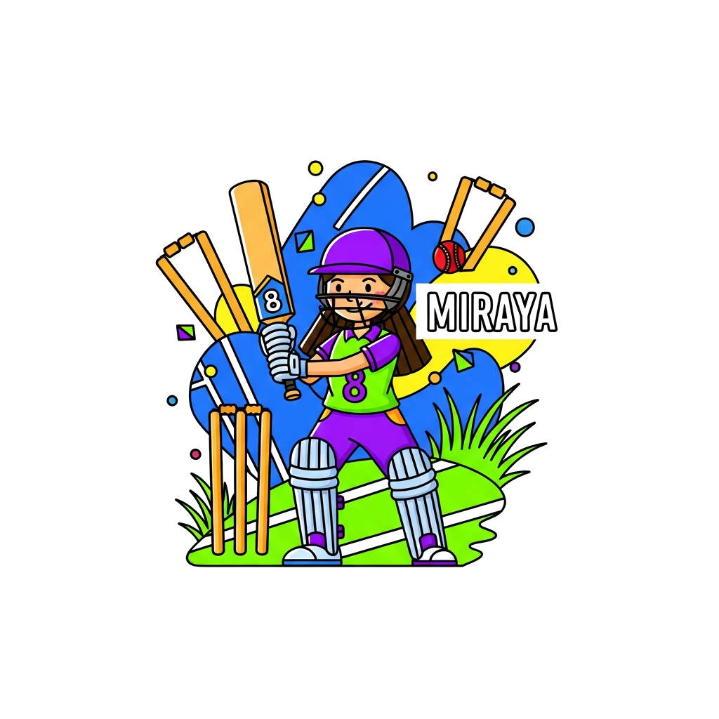 Custom design: A stylish cartoon illustration of a girl cricketer, with a cricket bat and ball, in a dynamic pose, surrounded by abs...