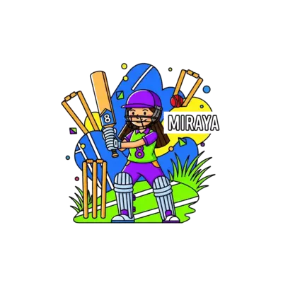Design: A stylish cartoon illustration of a girl cricketer, with a cricket bat and ba...