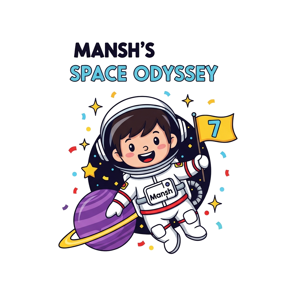 Custom design: A cheerful cartoon astronaut boy, named 'Mansh' clearly visible on his suit, wearing a space helmet, floating happily...