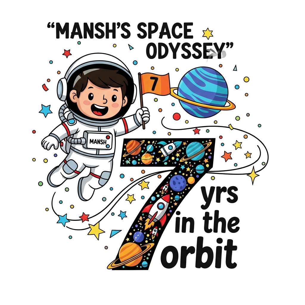 Custom design: A cheerful cartoon astronaut boy, named 'Mansh' clearly visible on his suit, wearing a space helmet, floating happily...