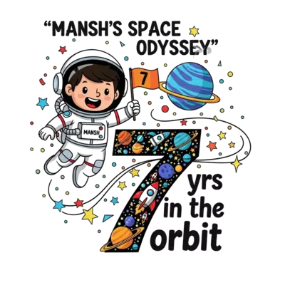 Design: A cheerful cartoon astronaut boy, named 'Mansh' clearly visible on his suit, ...