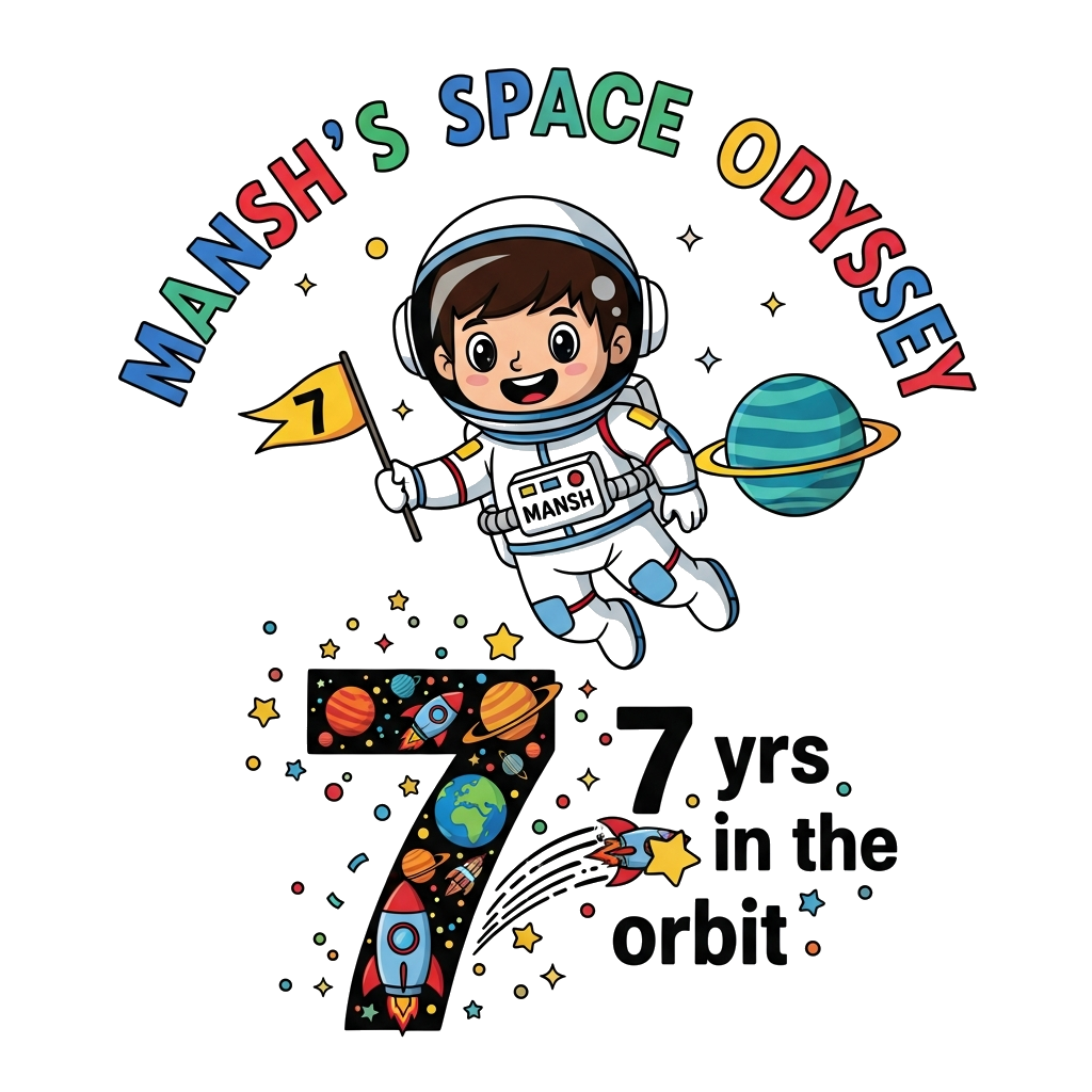 Custom design: A cheerful cartoon astronaut boy, 'Mansh' clearly visible on his suit, wearing a space helmet, floating happily in ou...