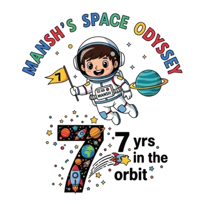 Design: A cheerful cartoon astronaut boy, 'Mansh' clearly visible on his suit, wearin...