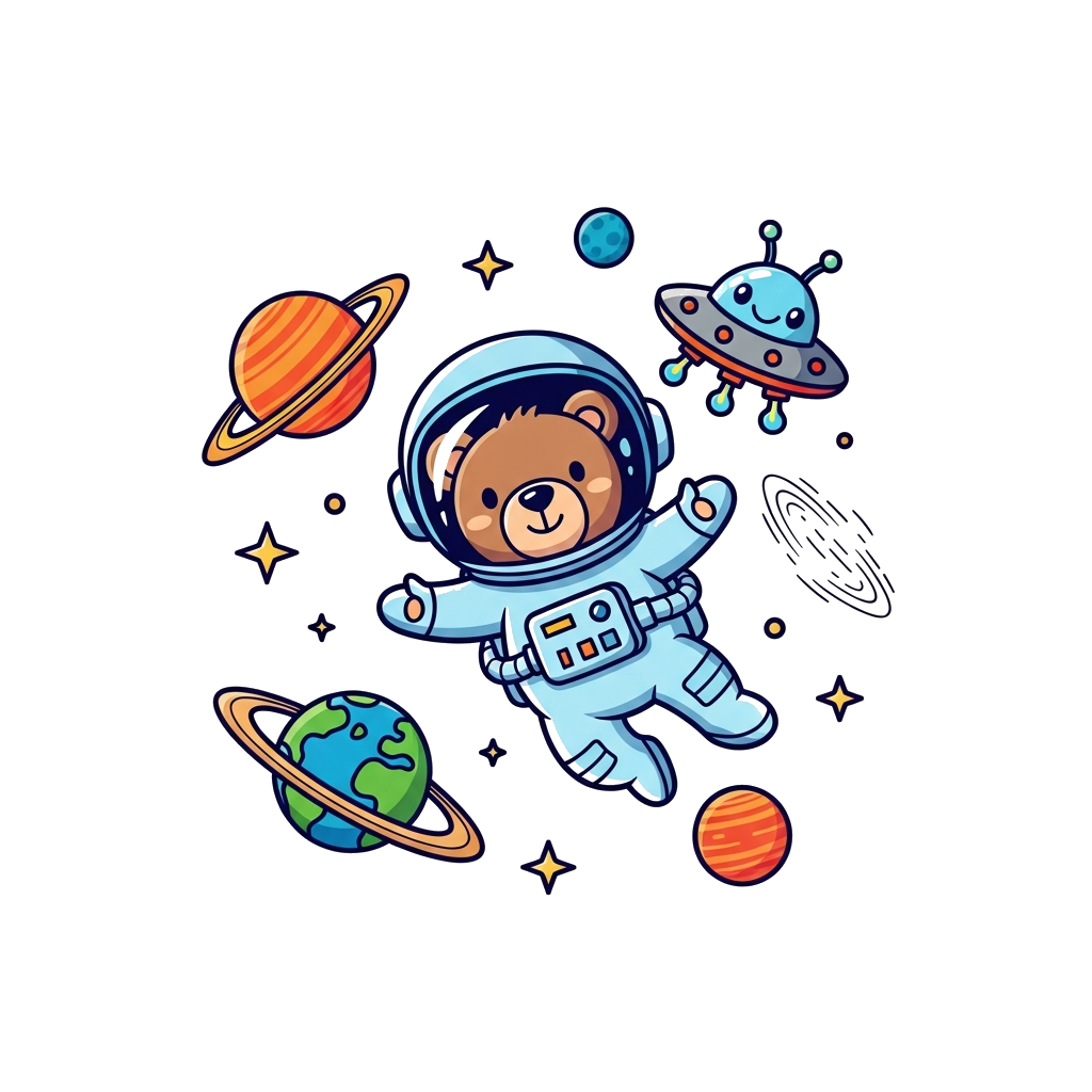 Custom design: A cute cartoon astronaut bear floating happily in zero gravity, surrounded by colorful planets, twinkling stars, and ...