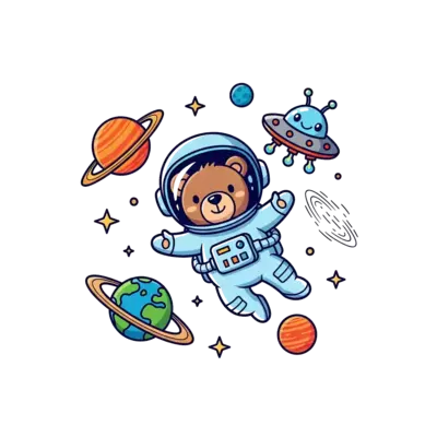Design: A cute cartoon astronaut bear floating happily in zero gravity, surrounded by...