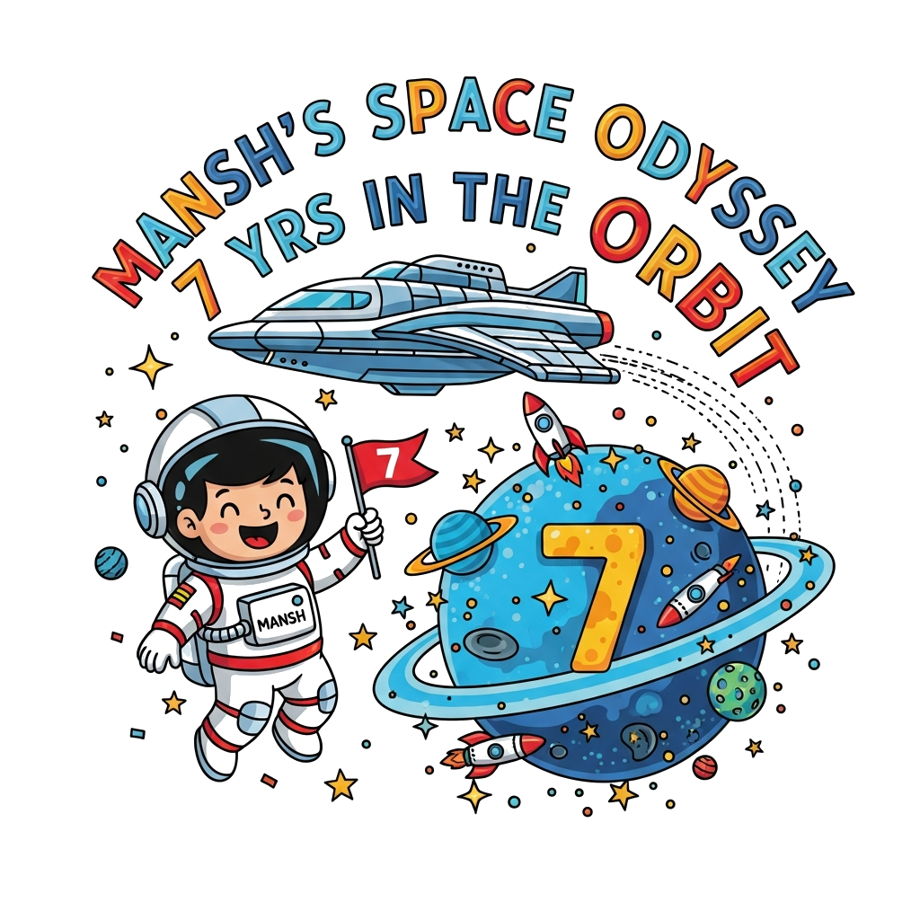 Custom design: A cheerful cartoon astronaut boy, 'Mansh' clearly visible on his suit, wearing a space helmet, floating happily in ou...