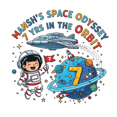 Design: A cheerful cartoon astronaut boy, 'Mansh' clearly visible on his suit, wearin...
