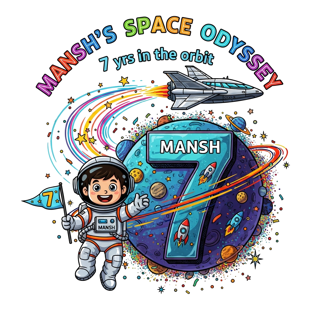 Custom design: A cheerful cartoon astronaut boy, 'Mansh' clearly visible on his suit, wearing a space helmet, floating happily in an...