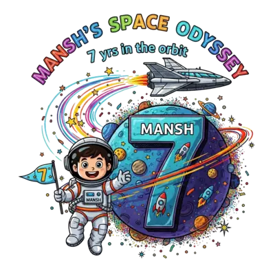 Design: A cheerful cartoon astronaut boy, 'Mansh' clearly visible on his suit, wearin...