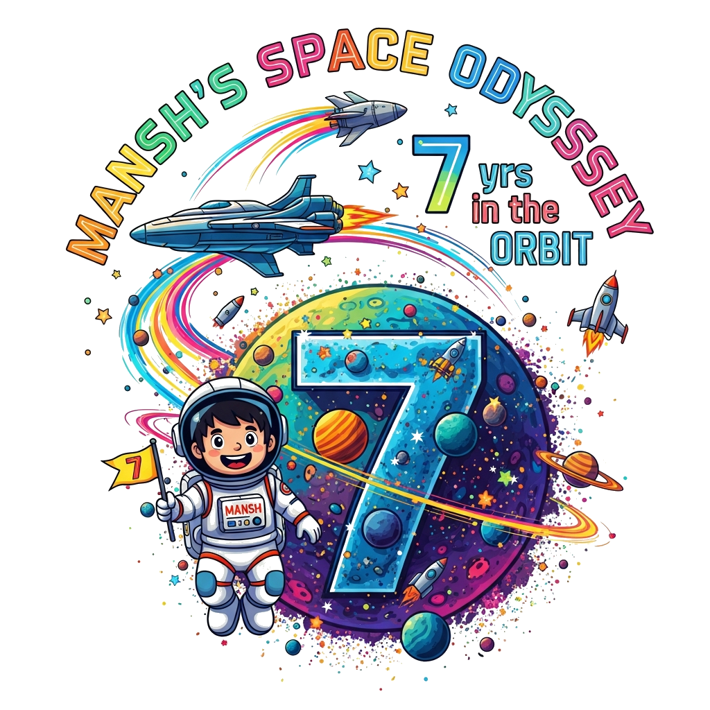 Custom design: A cheerful cartoon astronaut boy, 'Mansh' clearly visible on his suit, wearing a space helmet, floating happily in an...