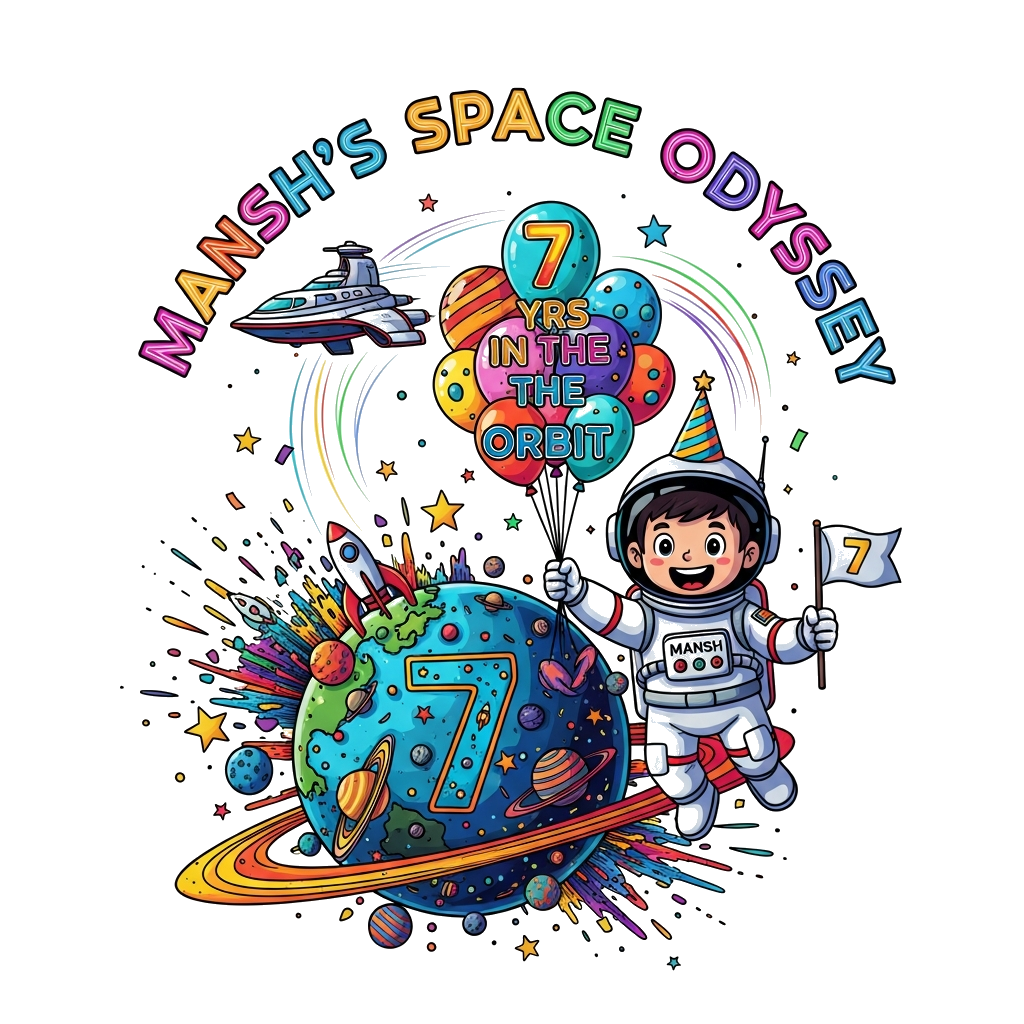 Custom design: A cheerful cartoon astronaut boy, 'Mansh' clearly visible on his suit, wearing a space helmet, floating happily in an...