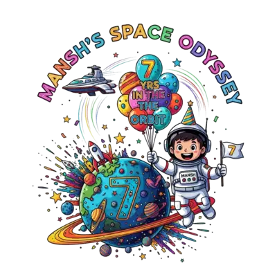 Design: A cheerful cartoon astronaut boy, 'Mansh' clearly visible on his suit, wearin...