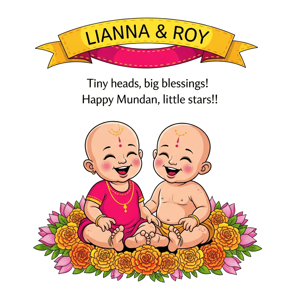 Custom design: A vibrant illustration in a traditional Indian folk art style, showcasing a joyful bald Indian baby girl (Lianna) and...