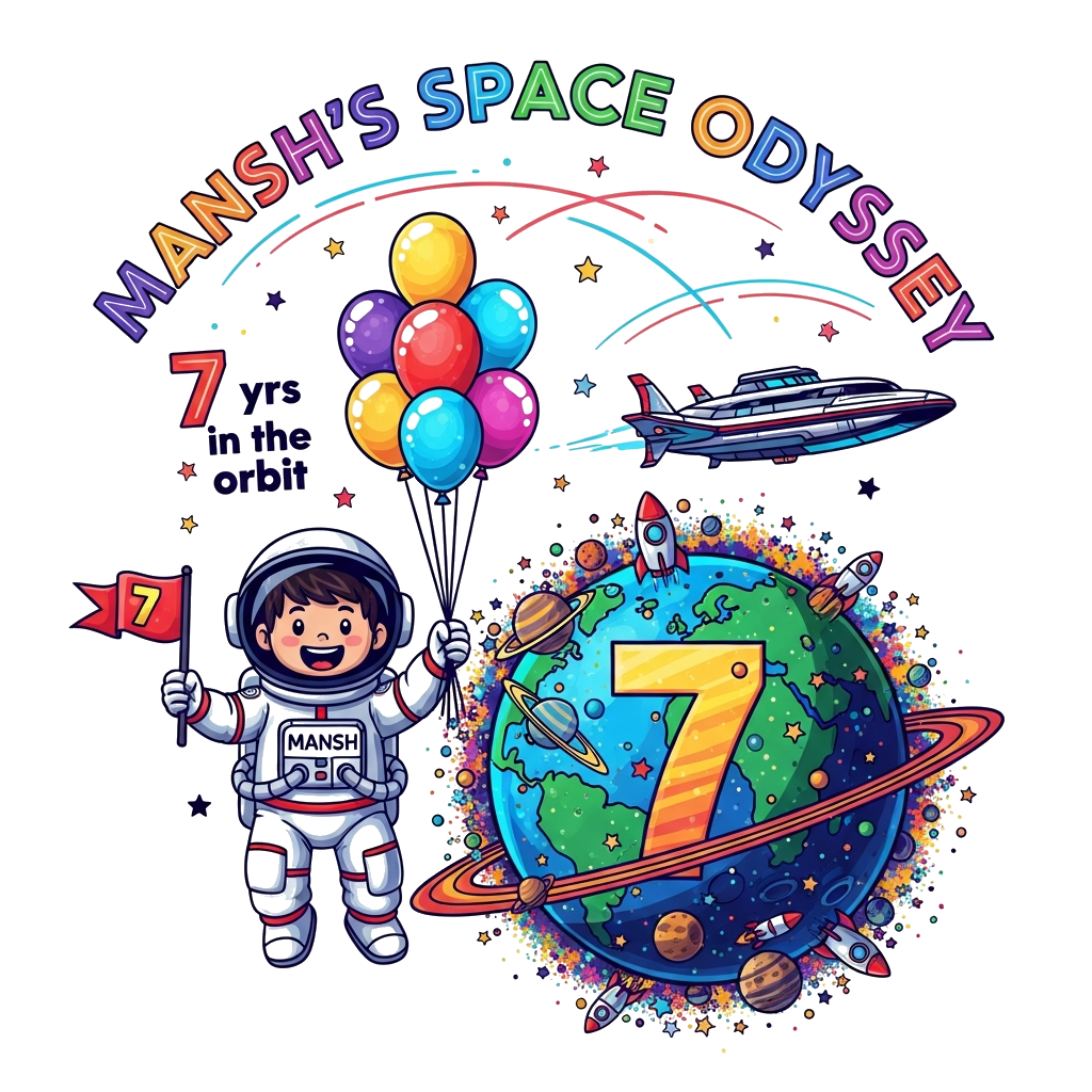 Custom design: A cheerful cartoon astronaut boy, 'Mansh' clearly visible on his suit, wearing a space helmet, floating happily in an...