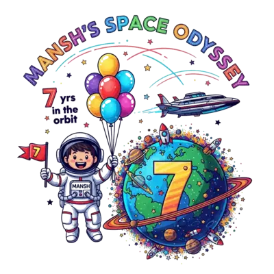 Design: A cheerful cartoon astronaut boy, 'Mansh' clearly visible on his suit, wearin...