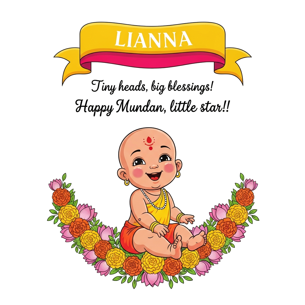 Custom design: A vibrant, cheerful illustration in a traditional Indian folk art style. A joyful bald Indian baby girl, Lianna, with...