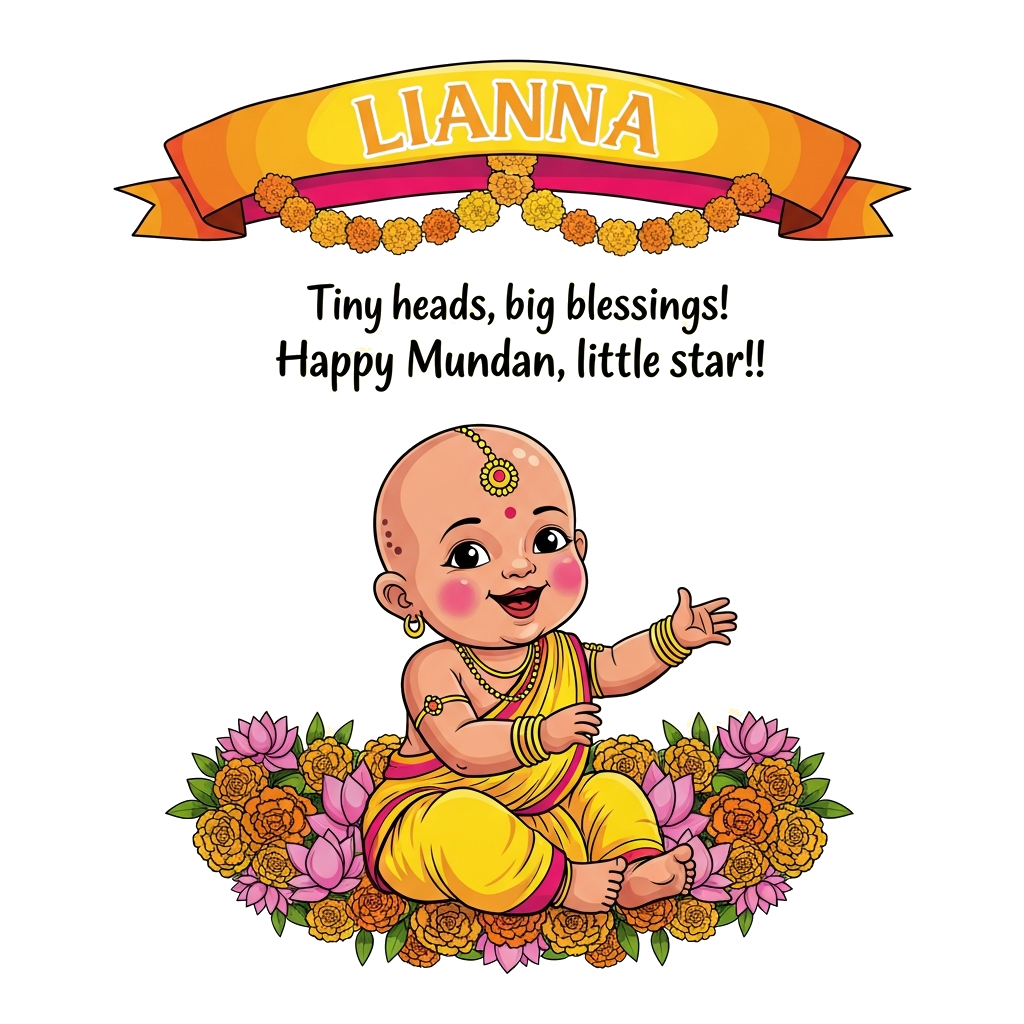 Custom design: A vibrant illustration in a traditional Indian folk art style, showcasing a joyful bald Indian baby girl, Lianna, wit...