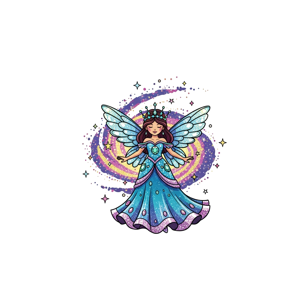 Custom design: A radiant, glamorous fairy with shimmering wings and a jeweled gown, surrounded by a swirling galaxy of glitter and s...