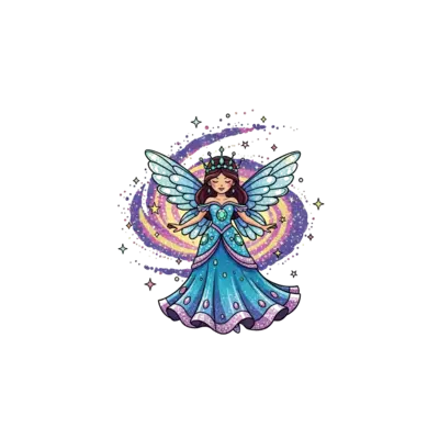 Design: A radiant, glamorous fairy with shimmering wings and a jeweled gown, surround...