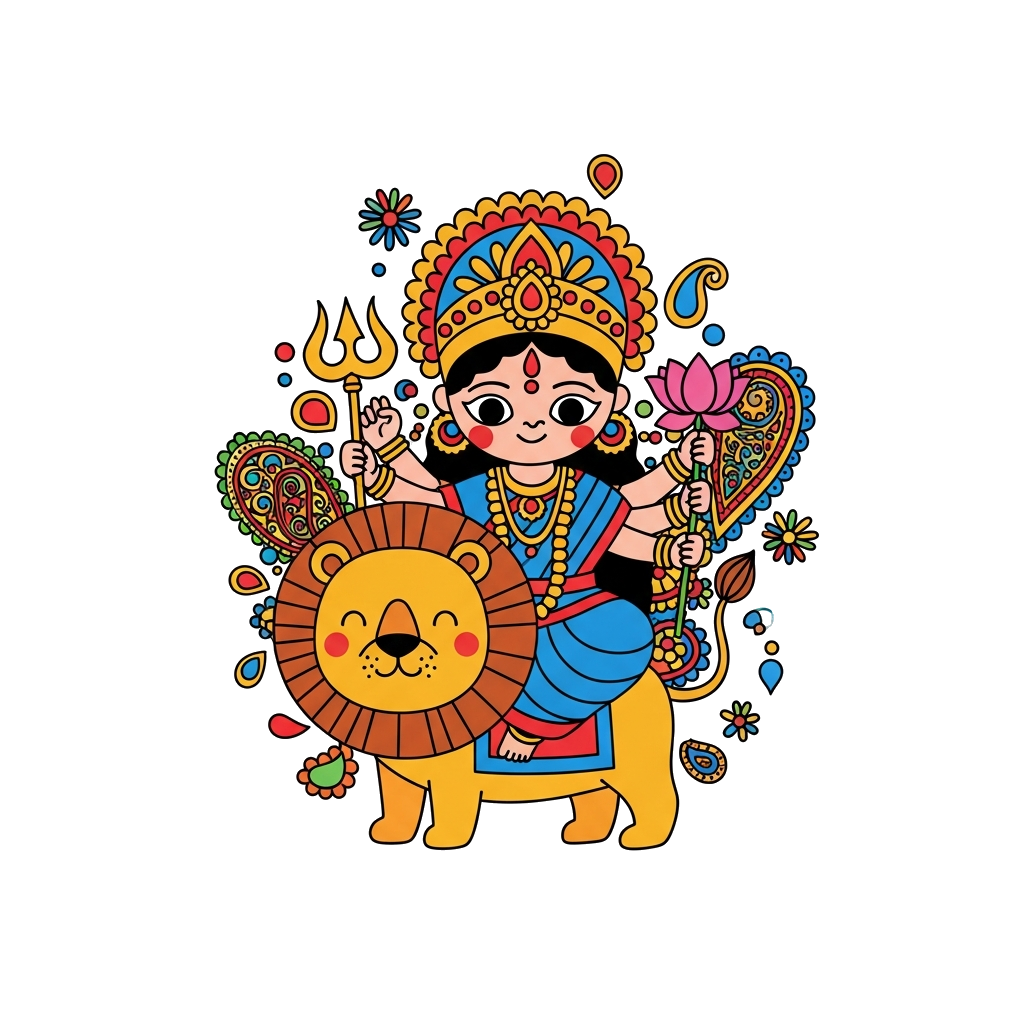 Custom design: A cheerful, modern cartoon depiction of Goddess Durga, riding a friendly lion, holding a trident and lotus, surrounde...