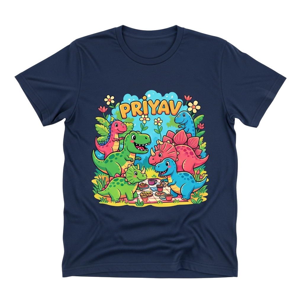 Custom design: A group of adorable, brightly colored cartoon dinosaurs (like a T-Rex, Stegosaurus, and Brontosaurus) having a playfu...