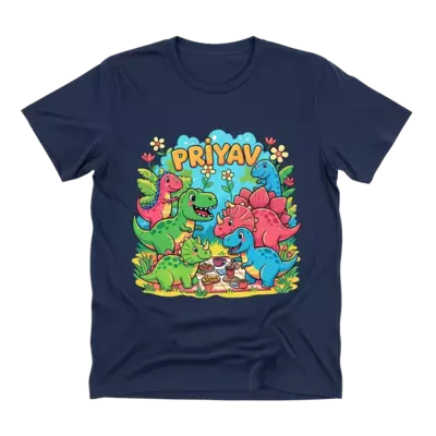 Design: A group of adorable, brightly colored cartoon dinosaurs (like a T-Rex, Stegos...