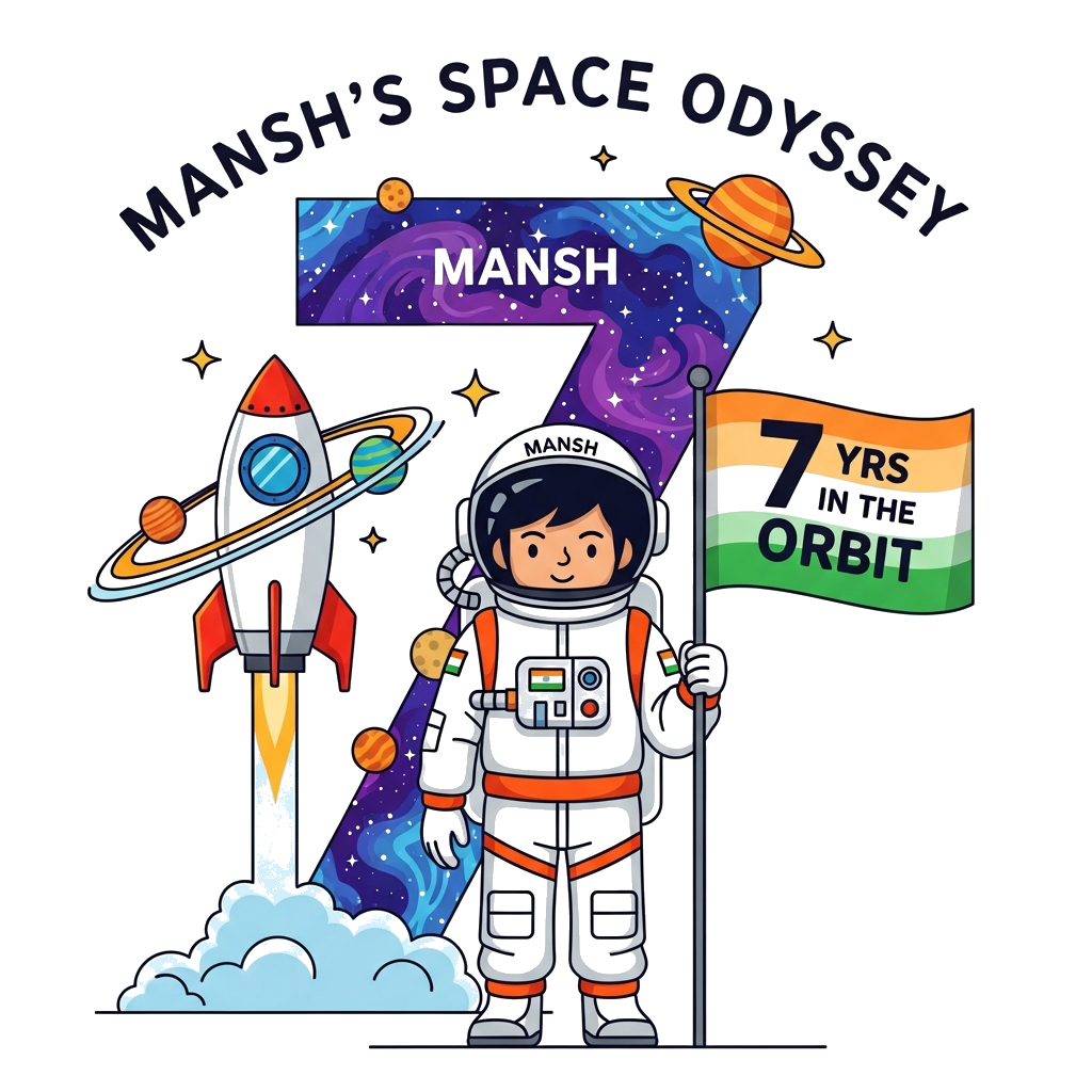 Custom design: A vibrant, modern flat design illustration of a confident 7-year-old Indian astronaut, Mansh, in a minimalist, clean-...