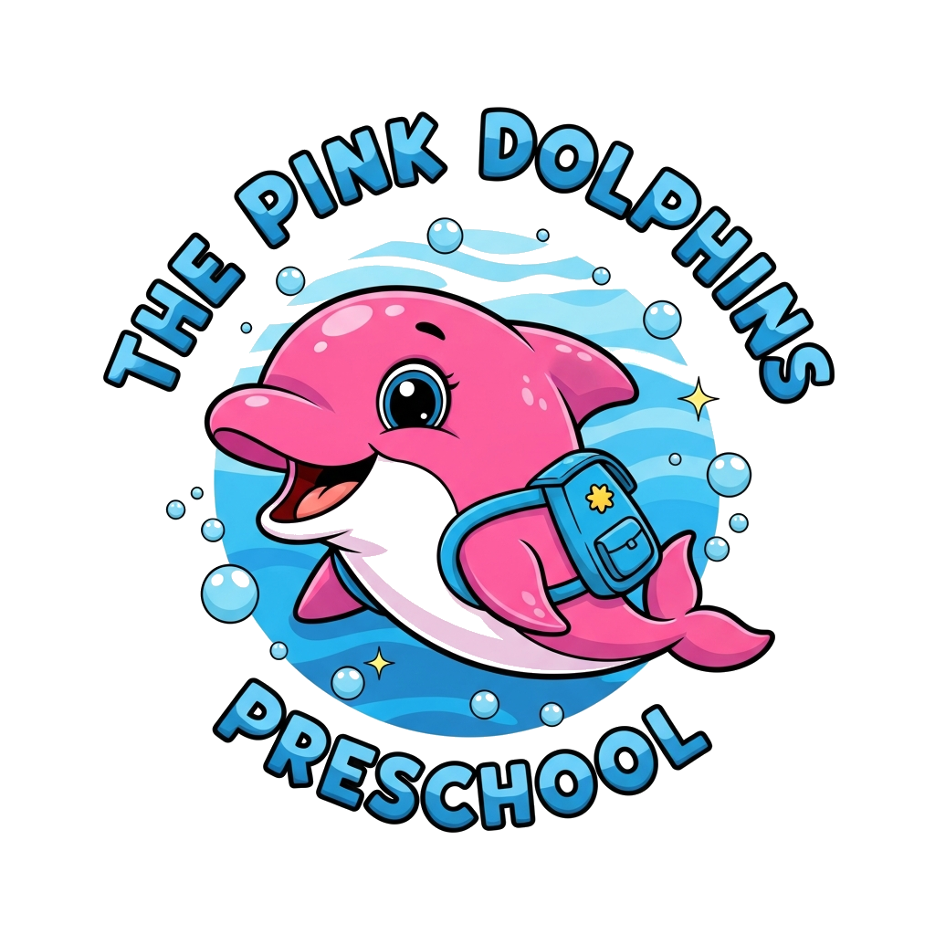 Custom design: A super cute, friendly pink cartoon dolphin with big happy eyes, wearing a tiny school backpack, swimming cheerfully ...