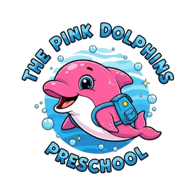 Design: A super cute, friendly pink cartoon dolphin with big happy eyes, wearing a ti...