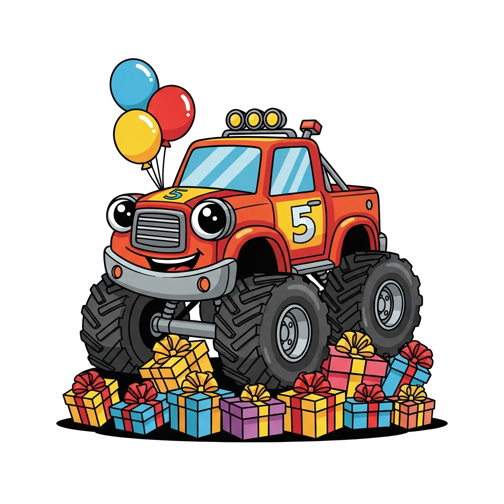 Custom design: A cheerful cartoon monster truck with big eyes and a friendly smile, driving over a pile of colorful birthday present...