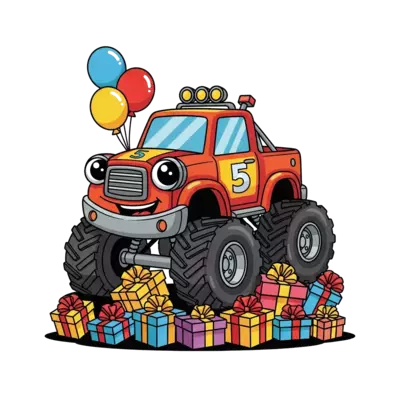 Design: A cheerful cartoon monster truck with big eyes and a friendly smile, driving ...