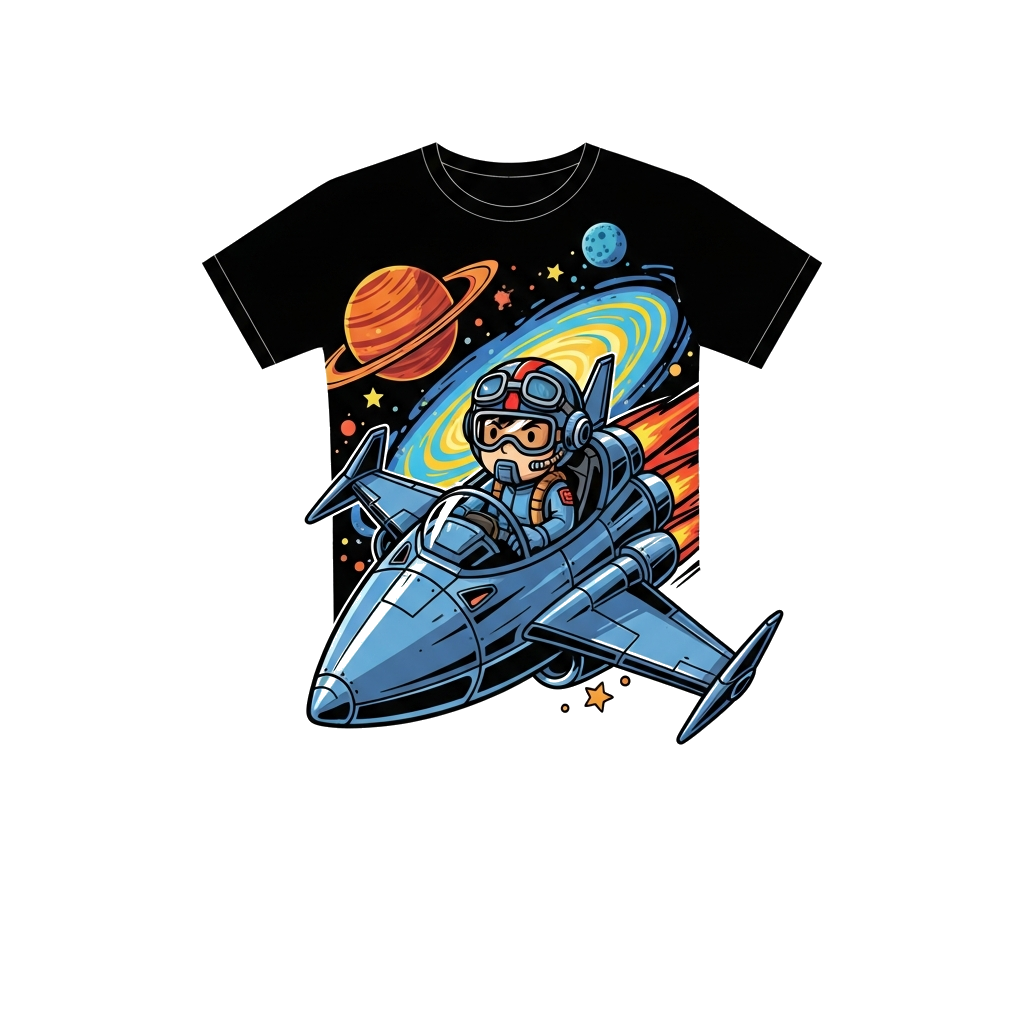 Custom design: A cool, stylized cartoon of a child fighter pilot in a sleek, futuristic spaceship, zooming past planets and stars in...