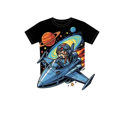 Design: A cool, stylized cartoon of a child fighter pilot in a sleek, futuristic spac...