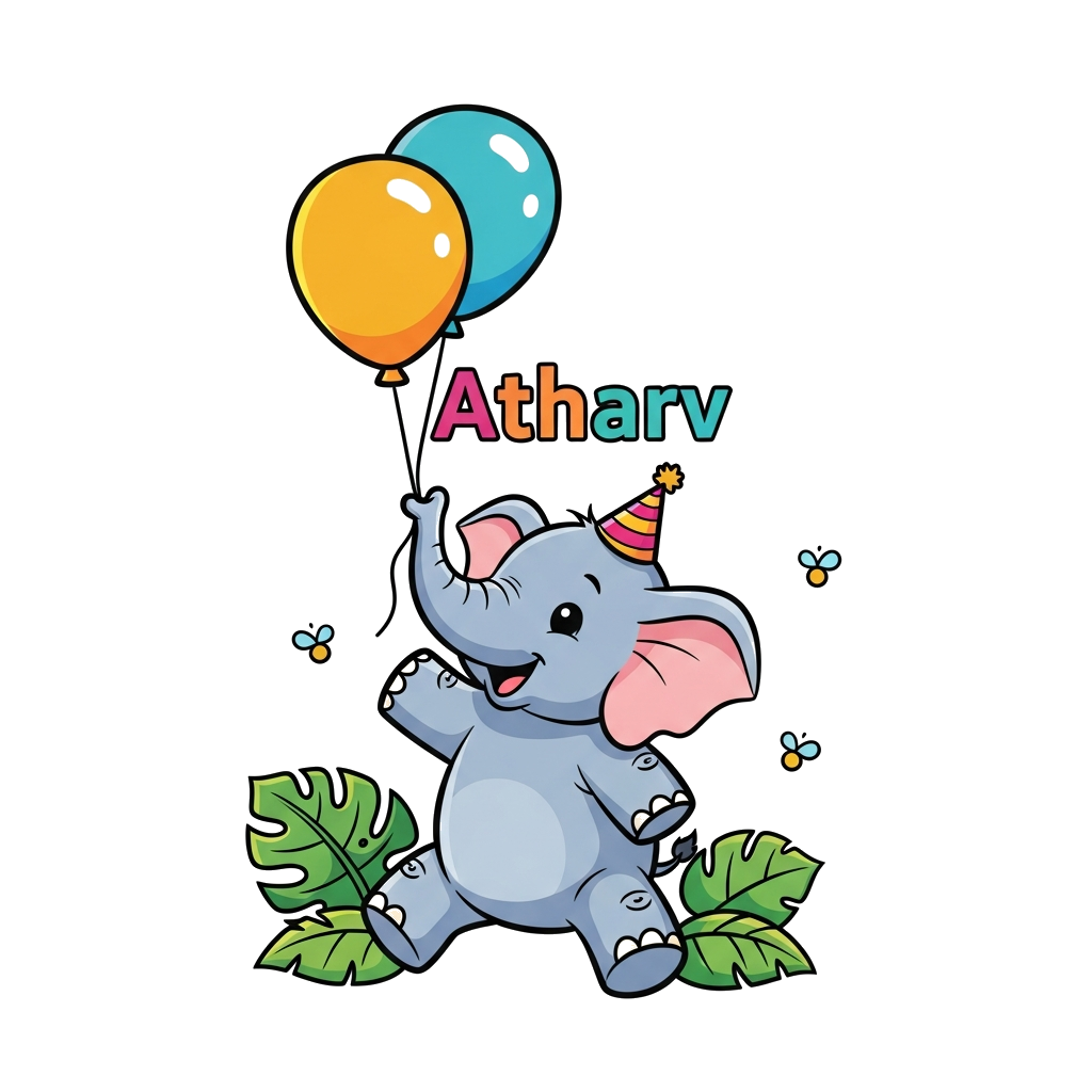 Custom design: A cute cartoon baby elephant wearing a small party hat, playfully balancing a colorful balloon with the name 'Atharv'...