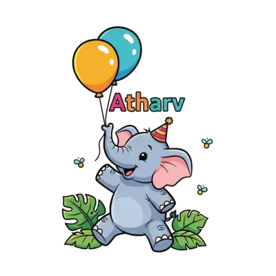 Design: A cute cartoon baby elephant wearing a small party hat, playfully balancing a...