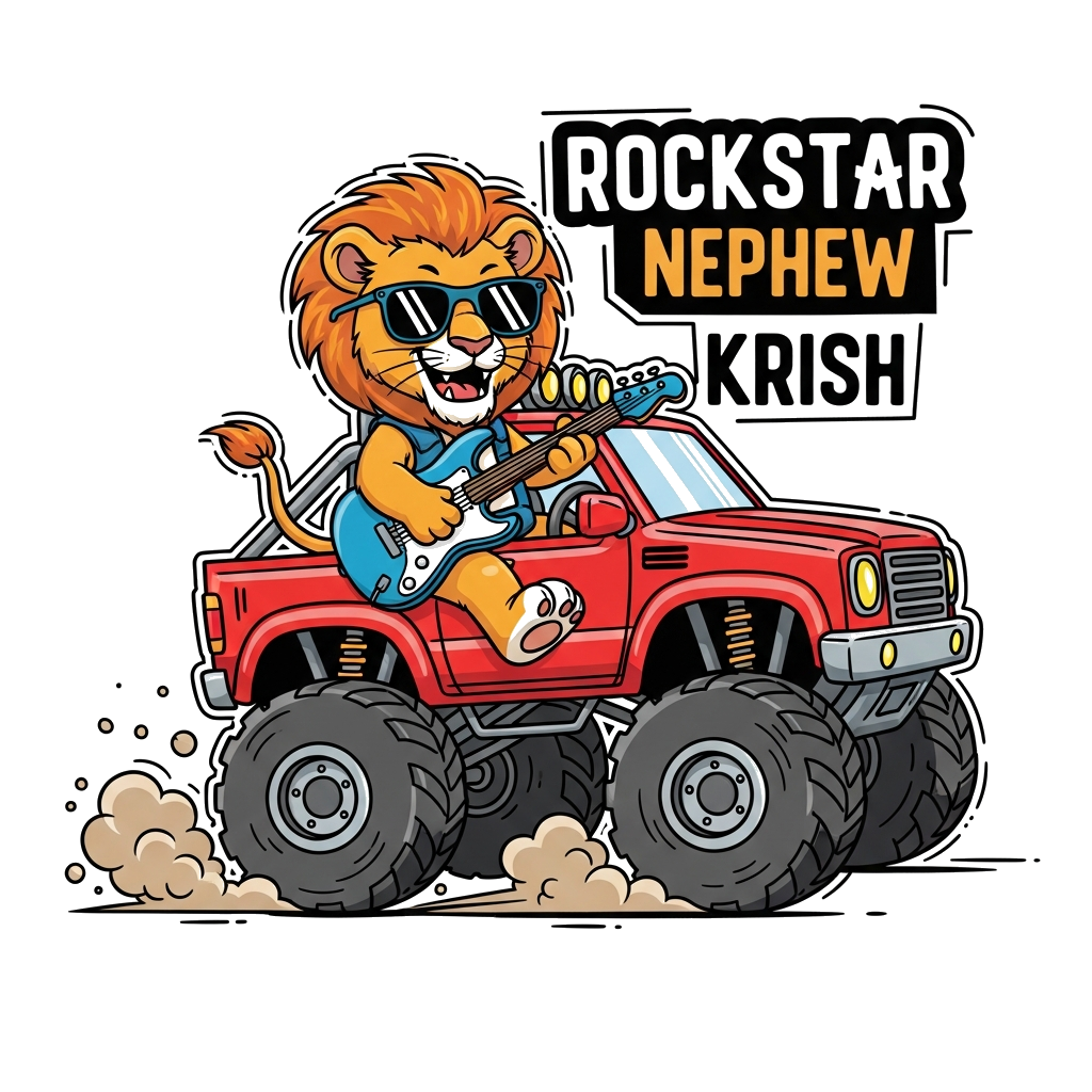 Custom design: A dynamic cartoon illustration of a cool lion cub wearing sunglasses, playing an electric guitar, and driving a vibra...
