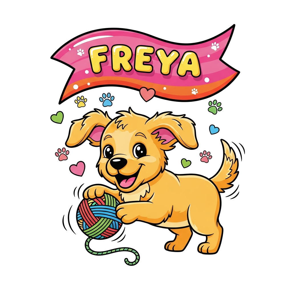 Custom design: A super cute cartoon golden retriever puppy happily playing with a colorful yarn ball, with the name "Freya" playfull...