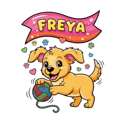 Design: A super cute cartoon golden retriever puppy happily playing with a colorful y...