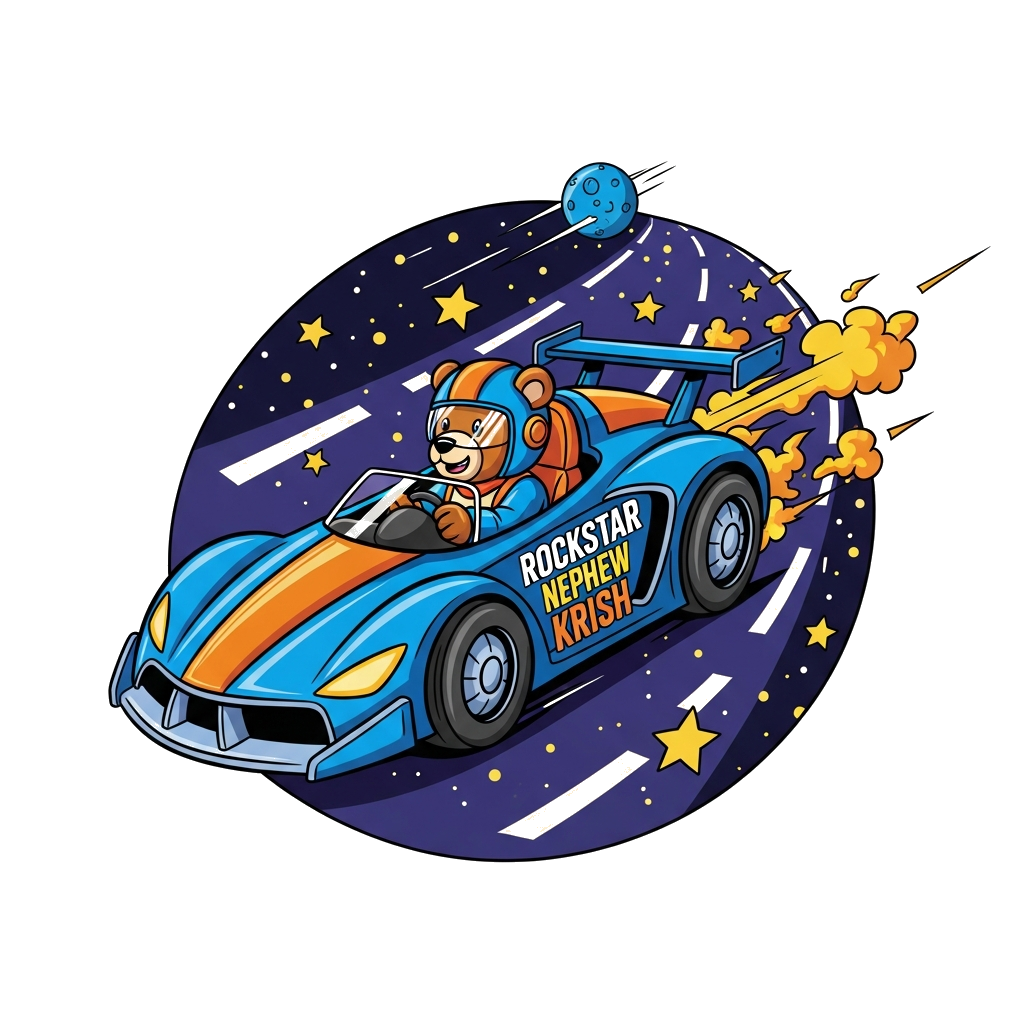 Custom design: An adventurous cartoon scene featuring a futuristic, sleek race car, in electric blue and orange, speeding through a ...