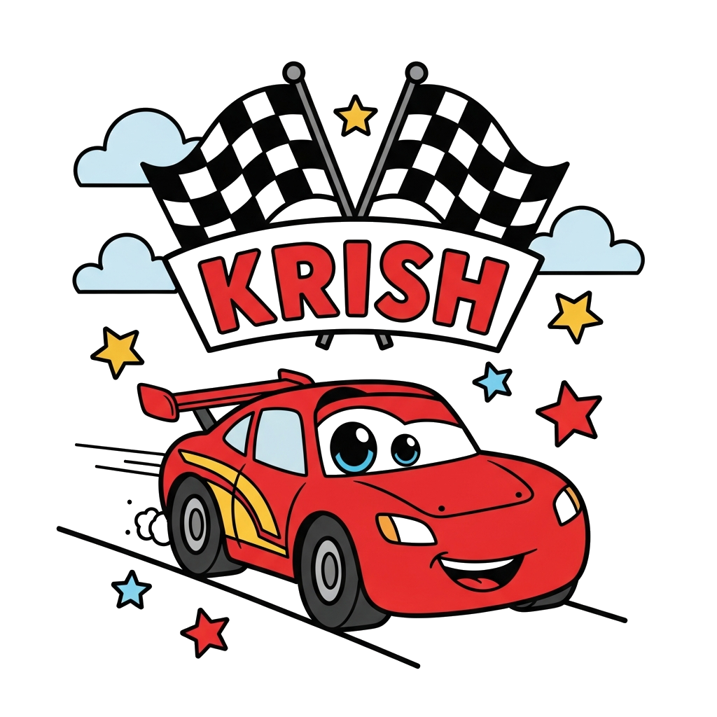 Custom design: A charming cartoon illustration of a friendly red race car with big eyes and a smile, zooming on a track with a check...