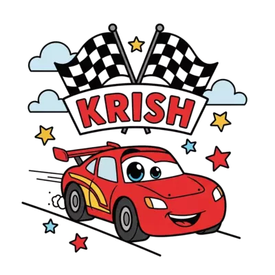 Design: A charming cartoon illustration of a friendly red race car with big eyes and ...