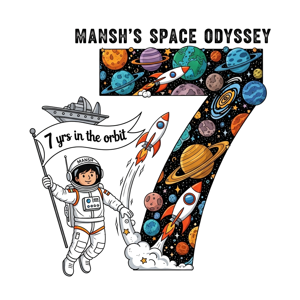 Custom design: A vibrant, modern flat design illustration. A confident 7-year-old Indian astronaut, Mansh, in a minimalist, clean-li...