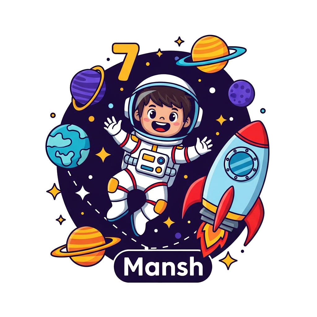 Custom design: A vibrant cartoon illustration of a happy astronaut boy, 'Mansh', floating in space next to a rocket ship, surrounded...