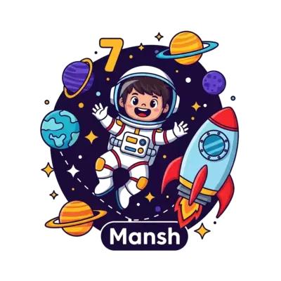 Design: A vibrant cartoon illustration of a happy astronaut boy, 'Mansh', floating in...