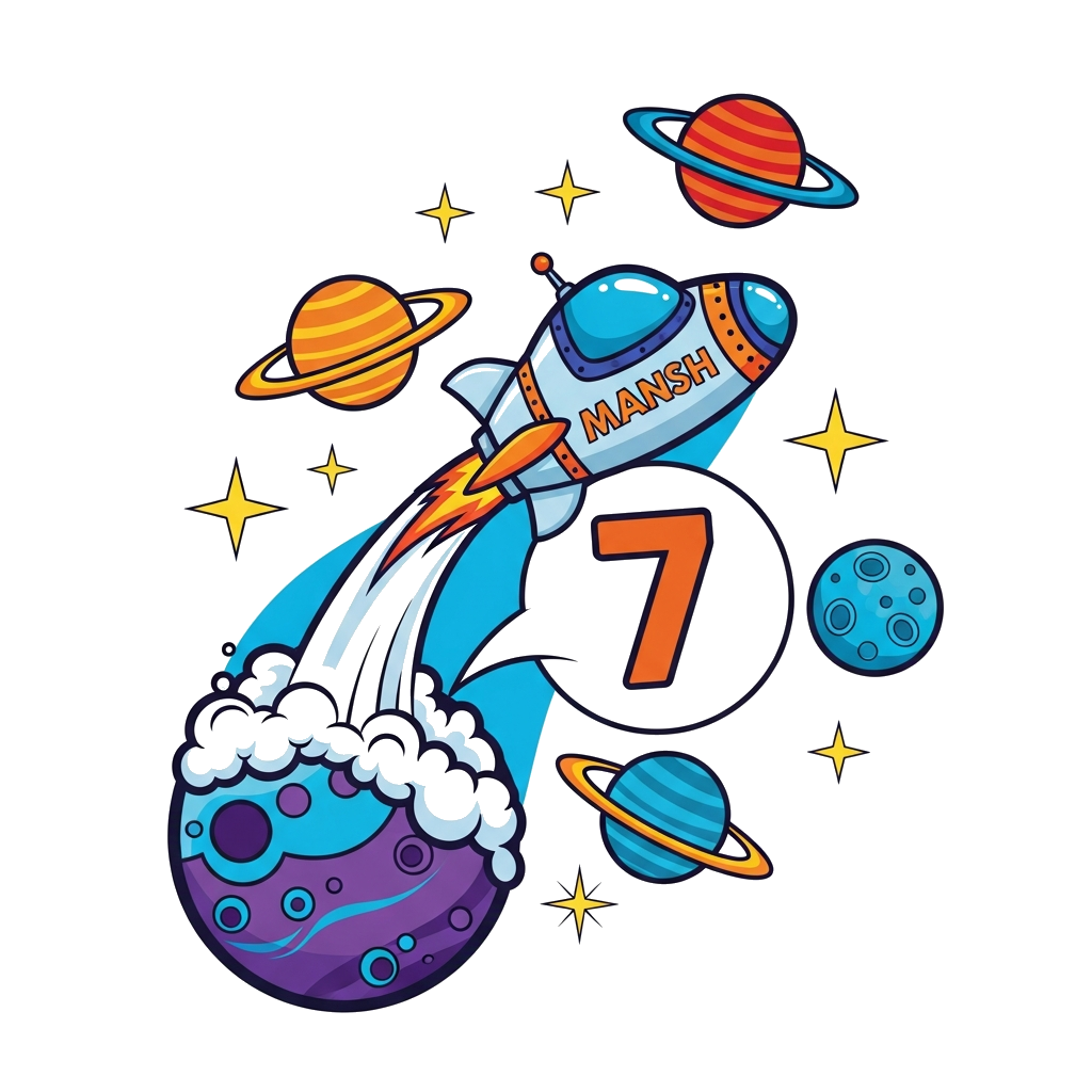 Custom design: A dynamic illustration of a spaceship blasting off from a colorful planet, with 'Mansh' written on the side and a big...