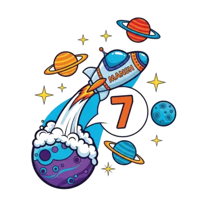 Design: A dynamic illustration of a spaceship blasting off from a colorful planet, wi...