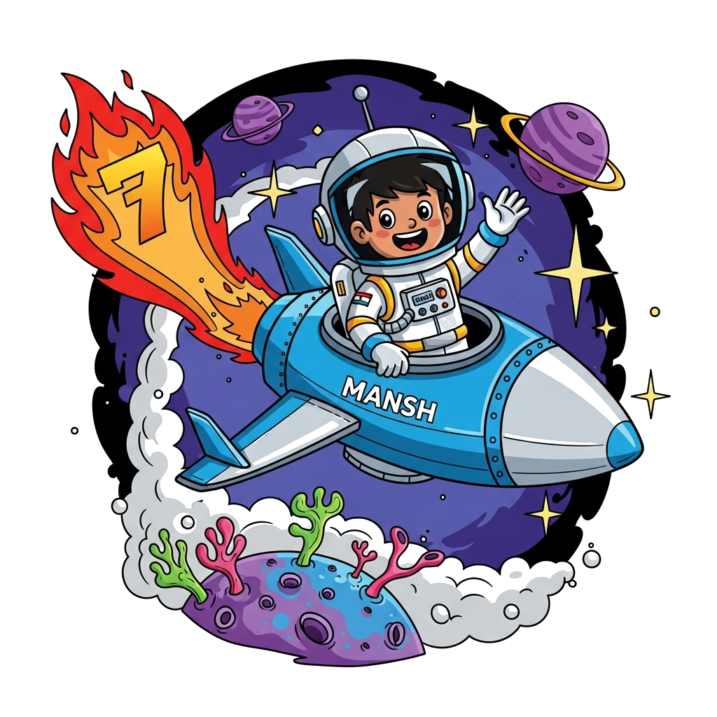 Custom design: A vibrant cartoon illustration of a cheerful Indian boy, Mansh, depicted as a brave astronaut in a futuristic suit, w...