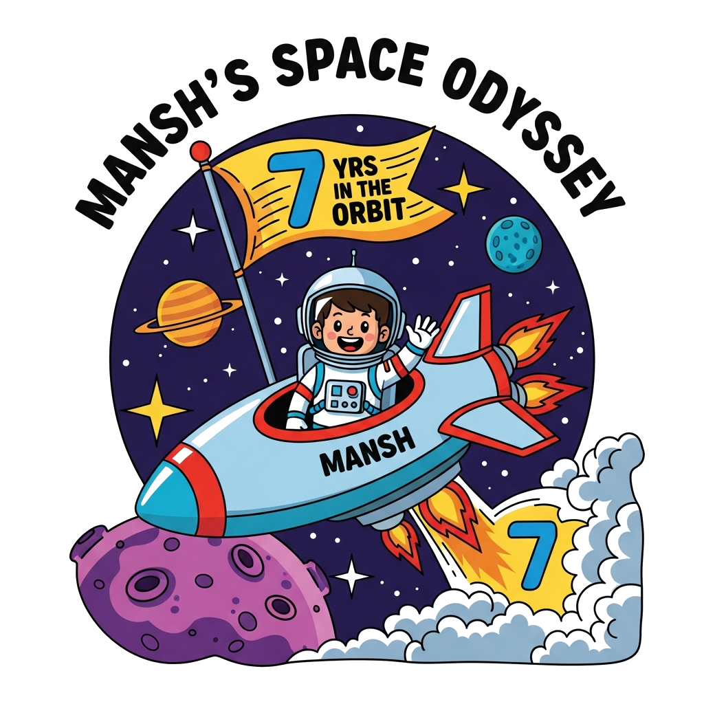 Custom design: A vibrant cartoon illustration of a cheerful Indian boy, Mansh, depicted as a brave astronaut in a futuristic suit, w...